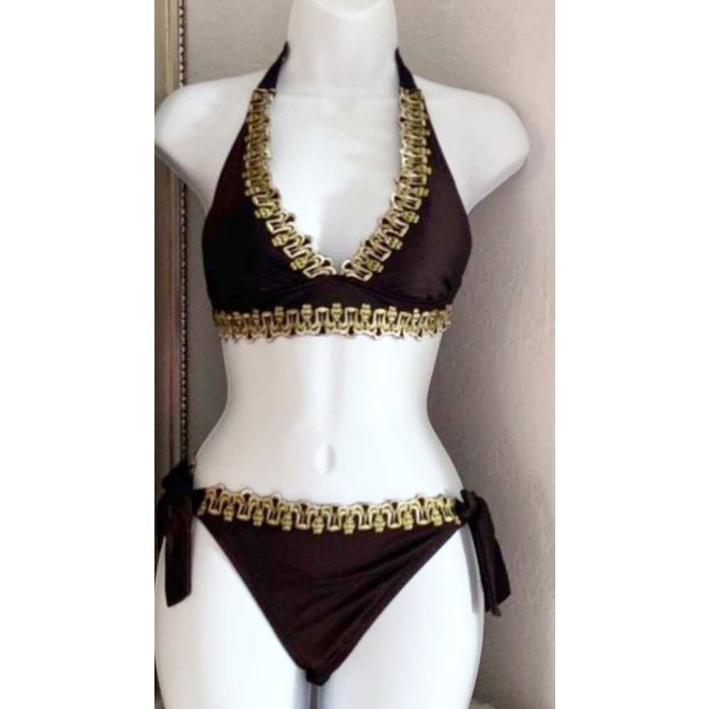 BECCA Swimsuit Embroidered Tie Bikini Set Brown Vintage Size Small - Picture 11 of 11